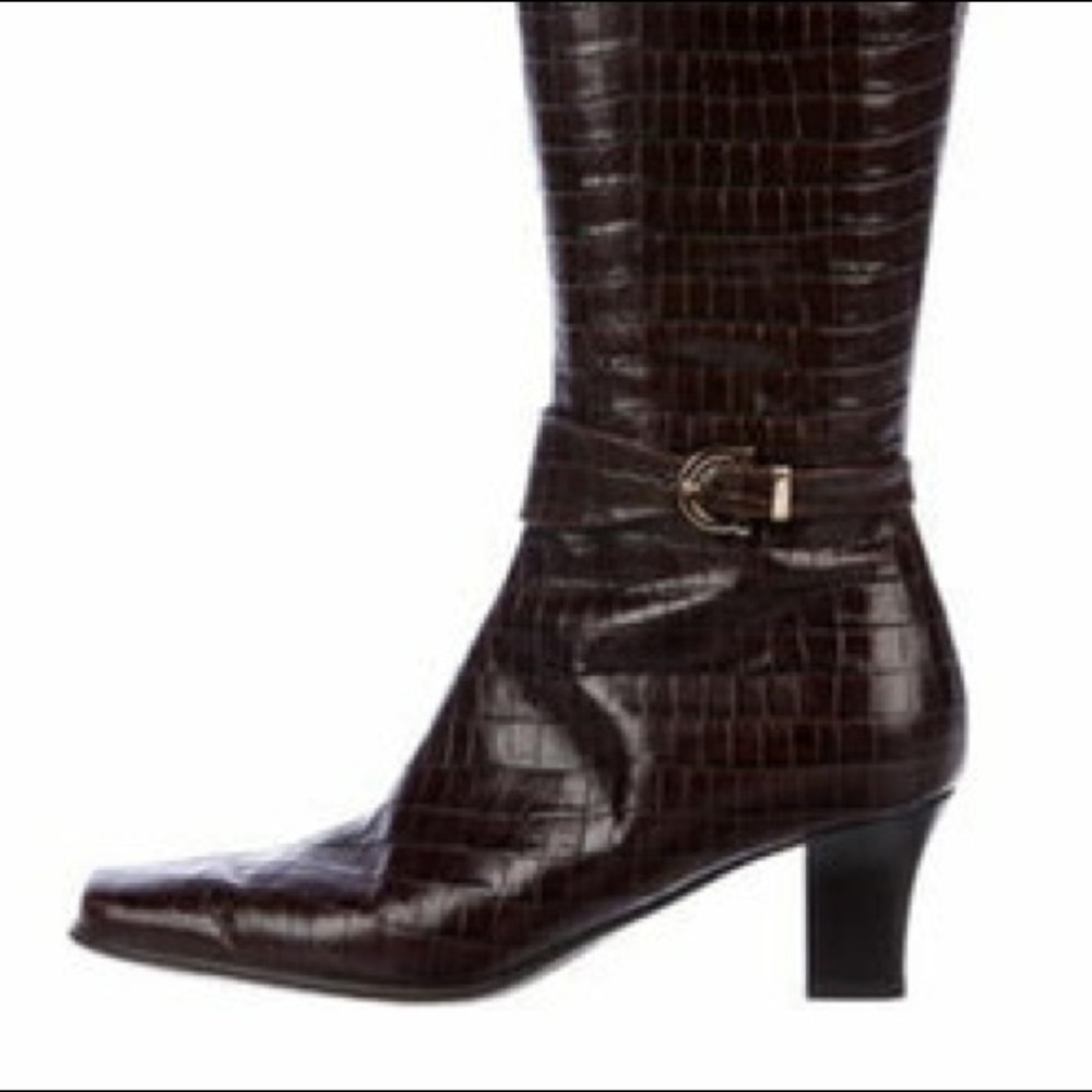 Majene Embossed Croc Leather Riding Boots Brown